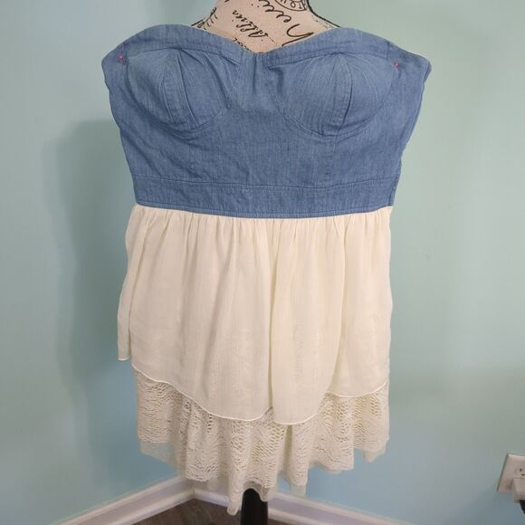 Strapless Chambray Denim Lace Chiffon Sundress Dress 3 rodeo cowgirl Western Y2K - Picture 1 of 3